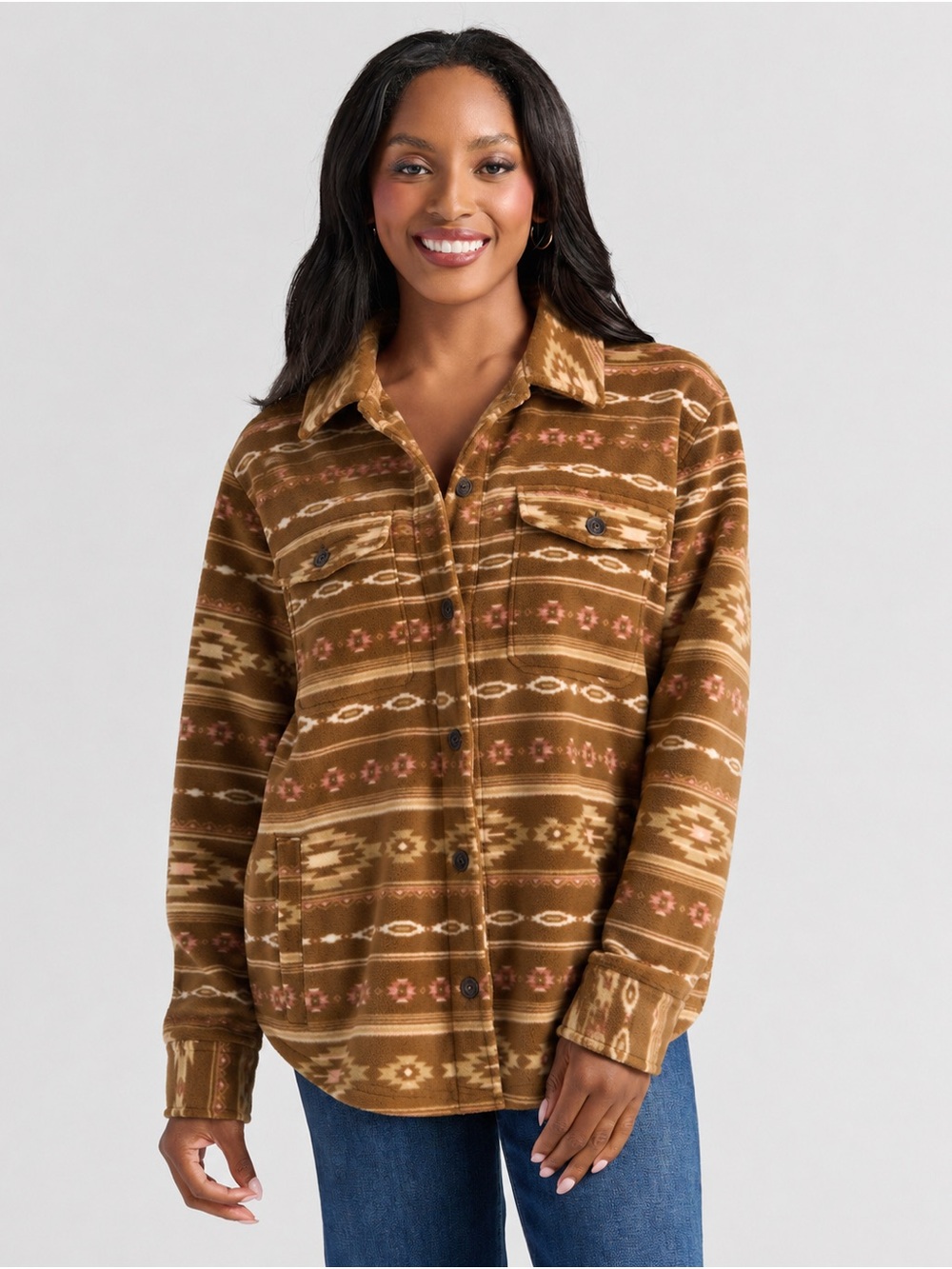 Classic Patterned Button-Up Shacket - Brown
